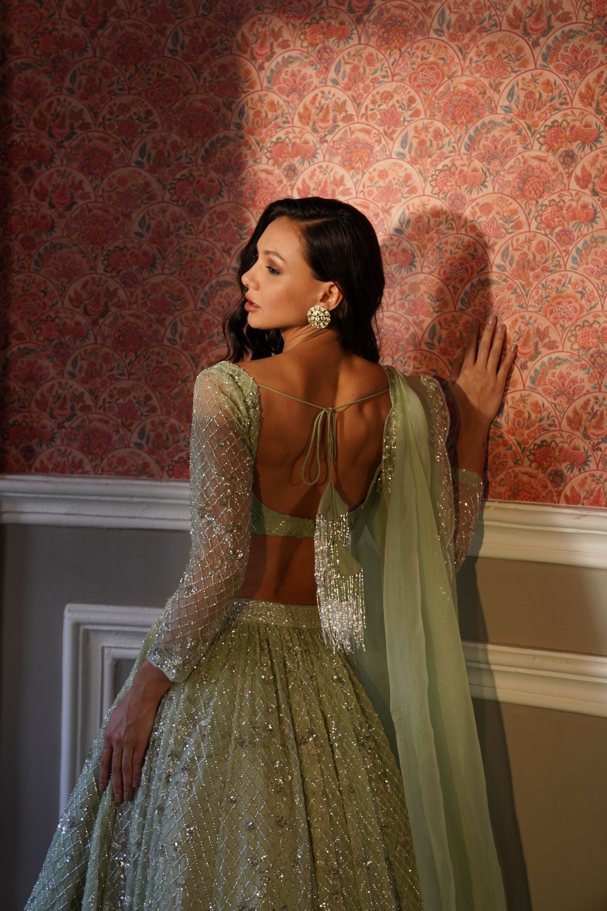 Indian Green Jaal Embroidered Organza Lehenga Set (3-Piece) - Image 3