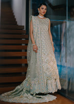 Mint Green Embroidered Organza & Jamawar Bridal Lehenga (3-Piece) - Image 2