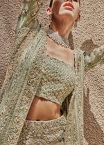 Pakistani Mint Green Embroidered Organza Gown with Jamawar Lehenga (3-Piece) - Image 4