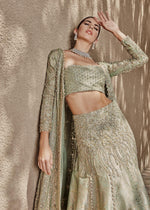 Pakistani Mint Green Embroidered Organza Gown with Jamawar Lehenga (3-Piece) - Image 7