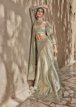 Pakistani Mint Green Embroidered Organza Gown with Jamawar Lehenga (3-Piece) - Image 8