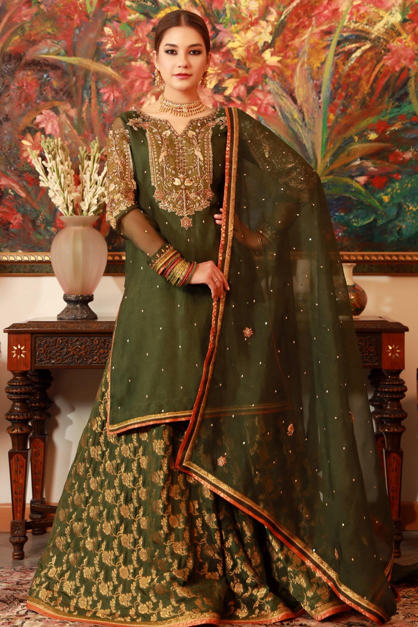Army Green Embroidered Organza & Banarsi Lehenga (3-Piece) - Image 2