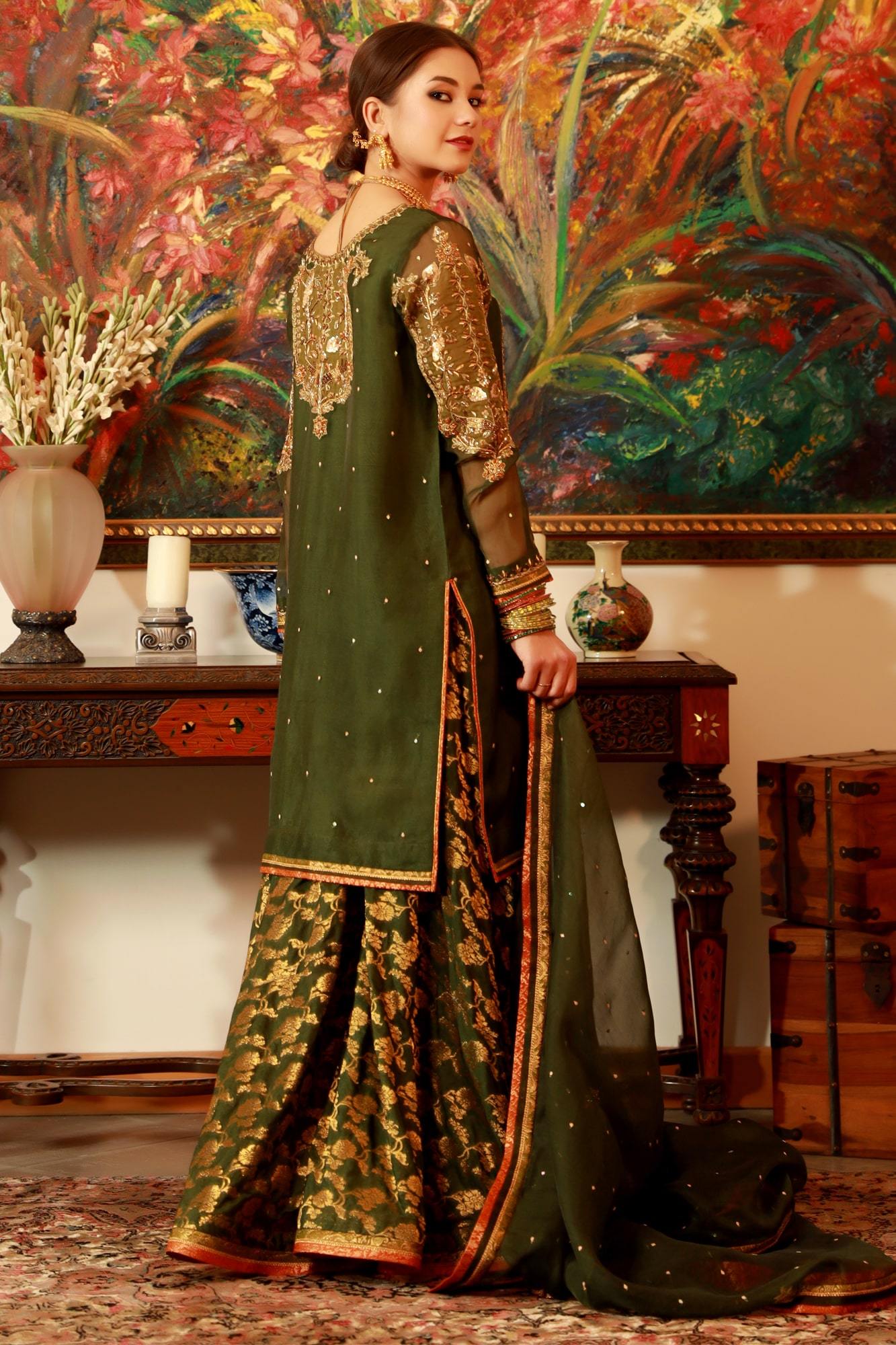 Army Green Embroidered Organza & Banarsi Lehenga (3-Piece) - Image 5