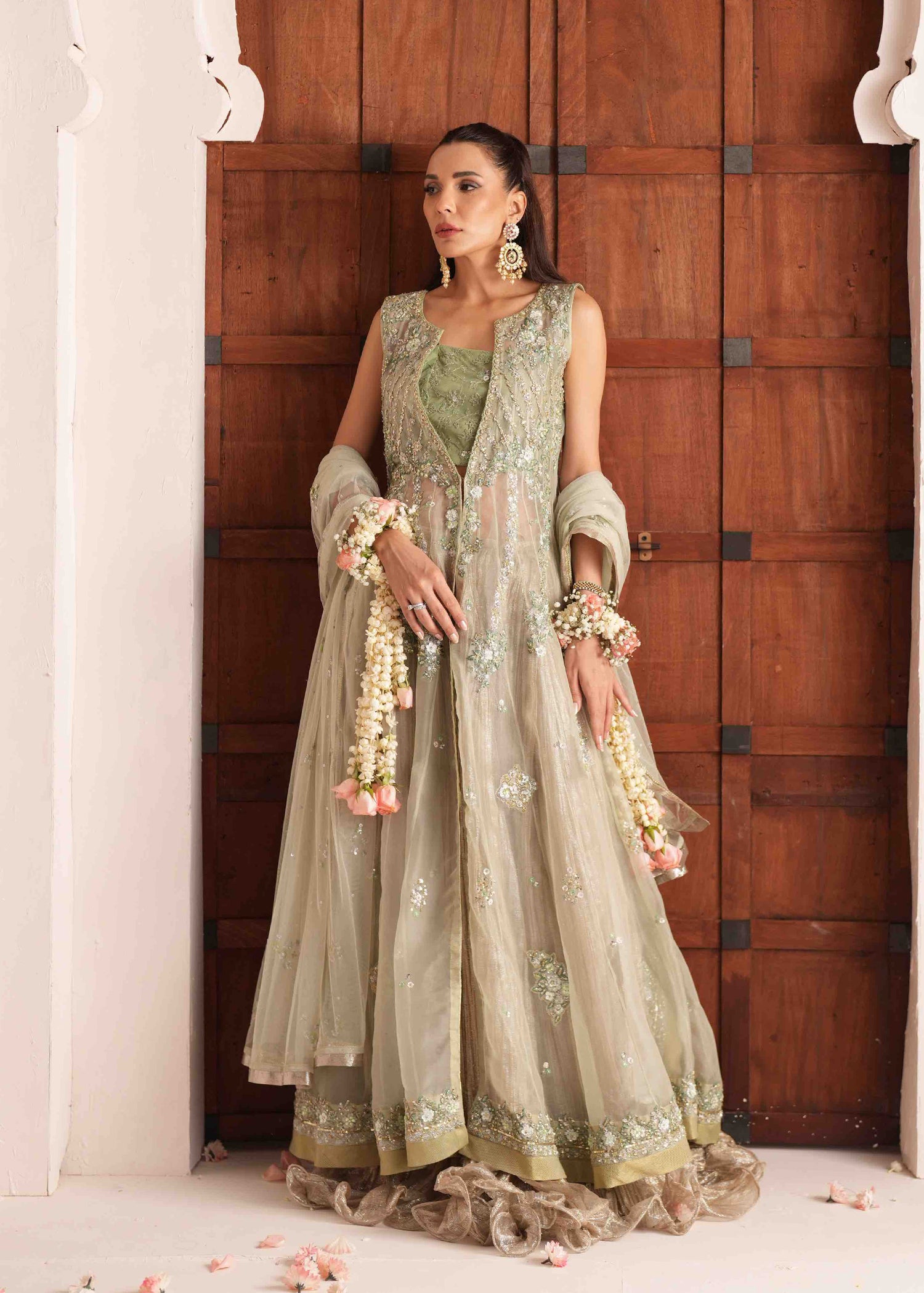 Pakistani Sage Green Embroidered Organza Lehenga (3-Piece) - Image 1