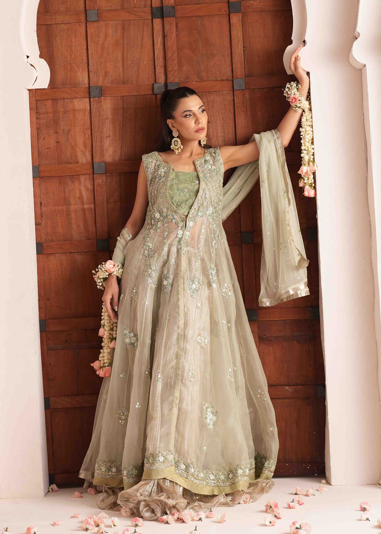 Pakistani Sage Green Embroidered Organza Lehenga (3-Piece) - Image 10