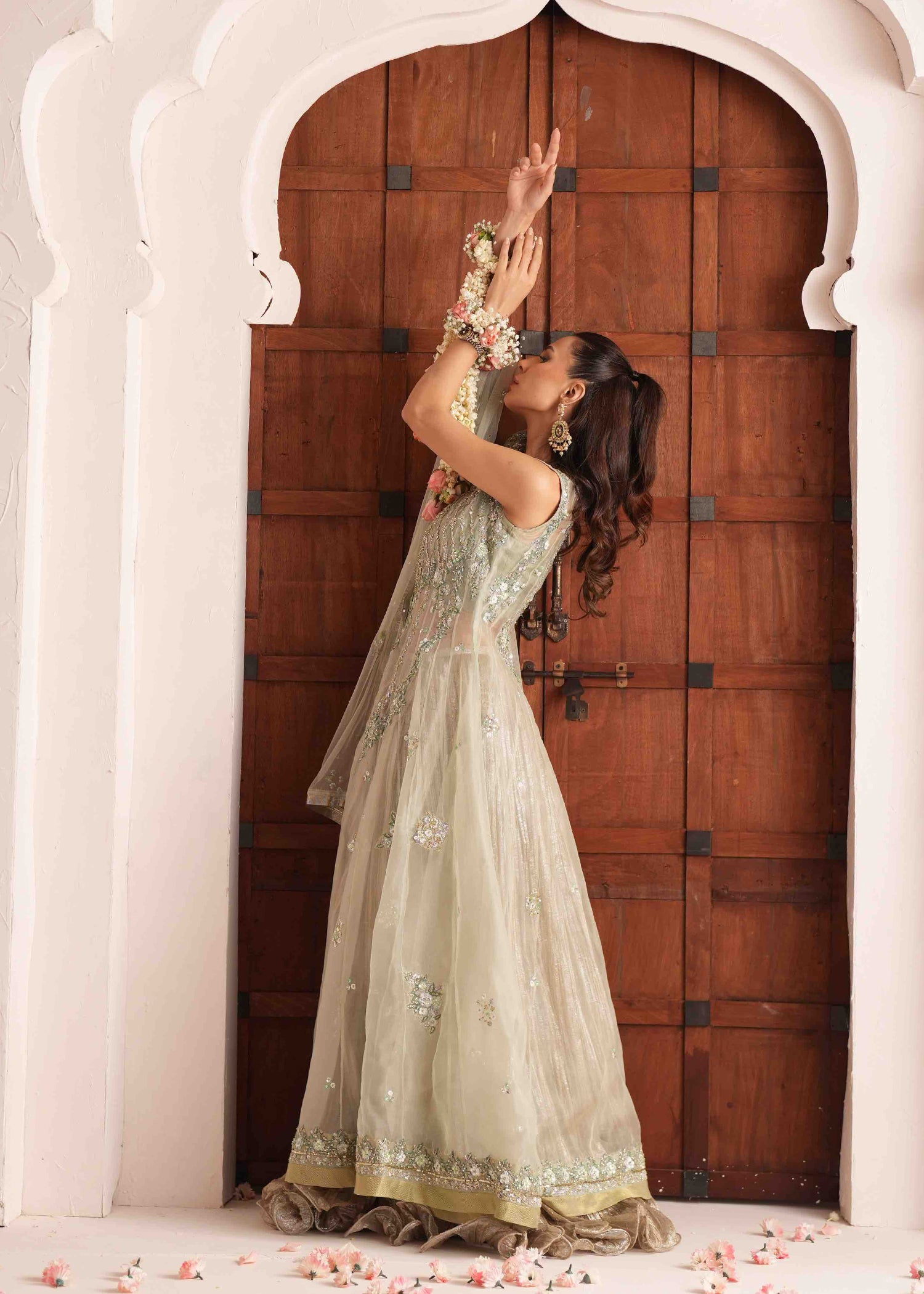 Pakistani Sage Green Embroidered Organza Lehenga (3-Piece) - Image 11