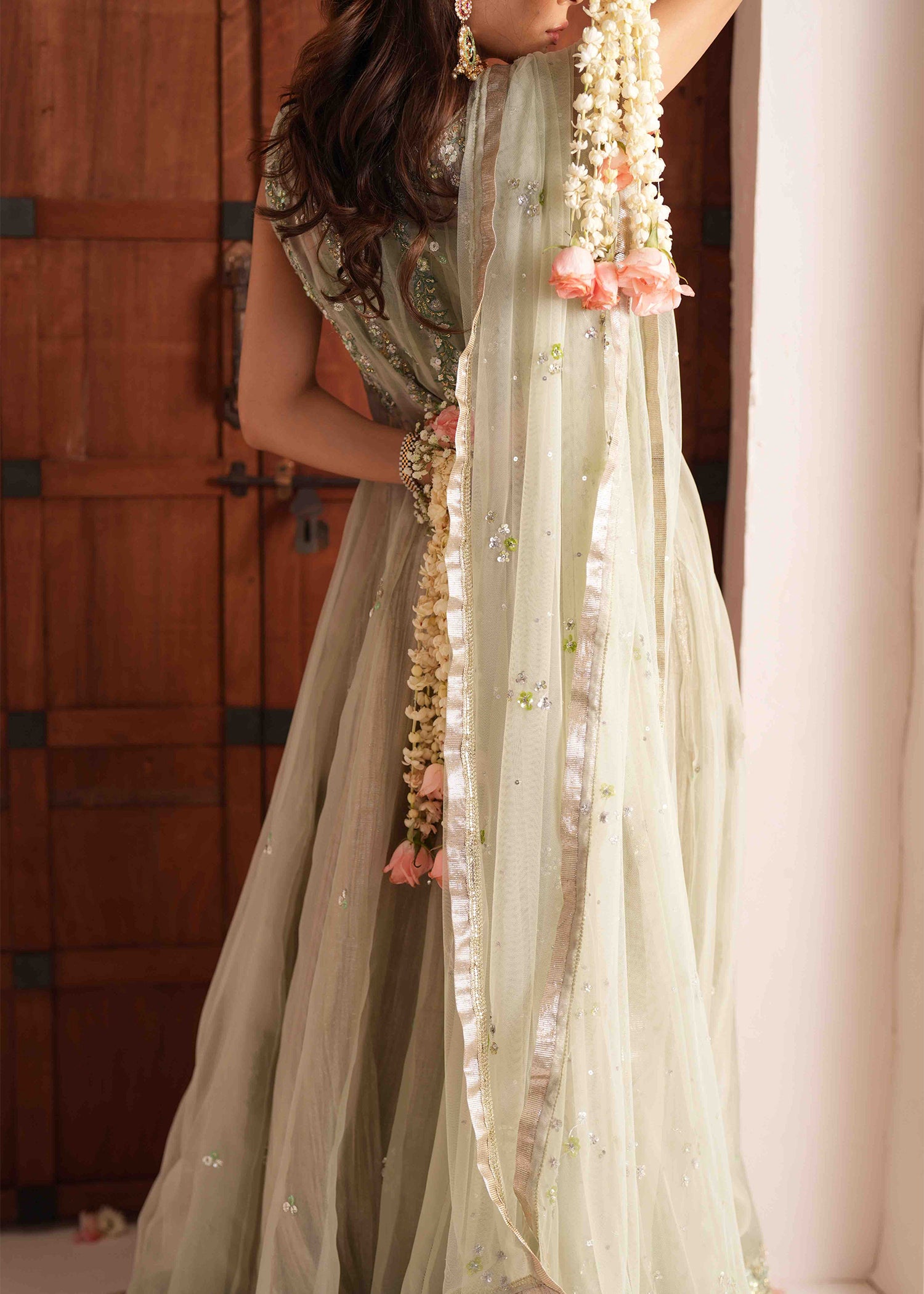 Pakistani Sage Green Embroidered Organza Lehenga (3-Piece) - Image 13
