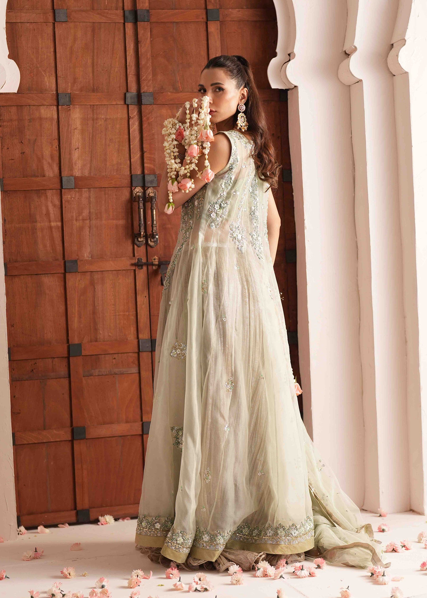 Pakistani Sage Green Embroidered Organza Lehenga (3-Piece) - Image 14