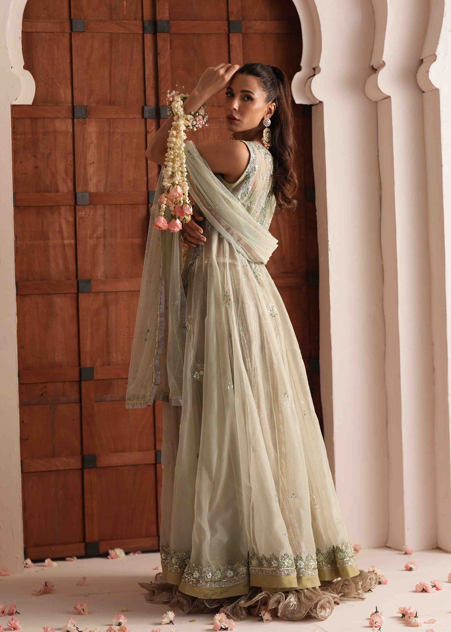 Pakistani Sage Green Embroidered Organza Lehenga (3-Piece) - Image 15