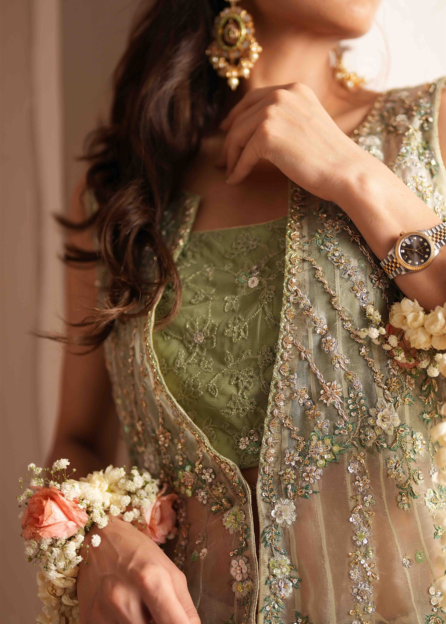 Pakistani Sage Green Embroidered Organza Lehenga (3-Piece) - Image 2