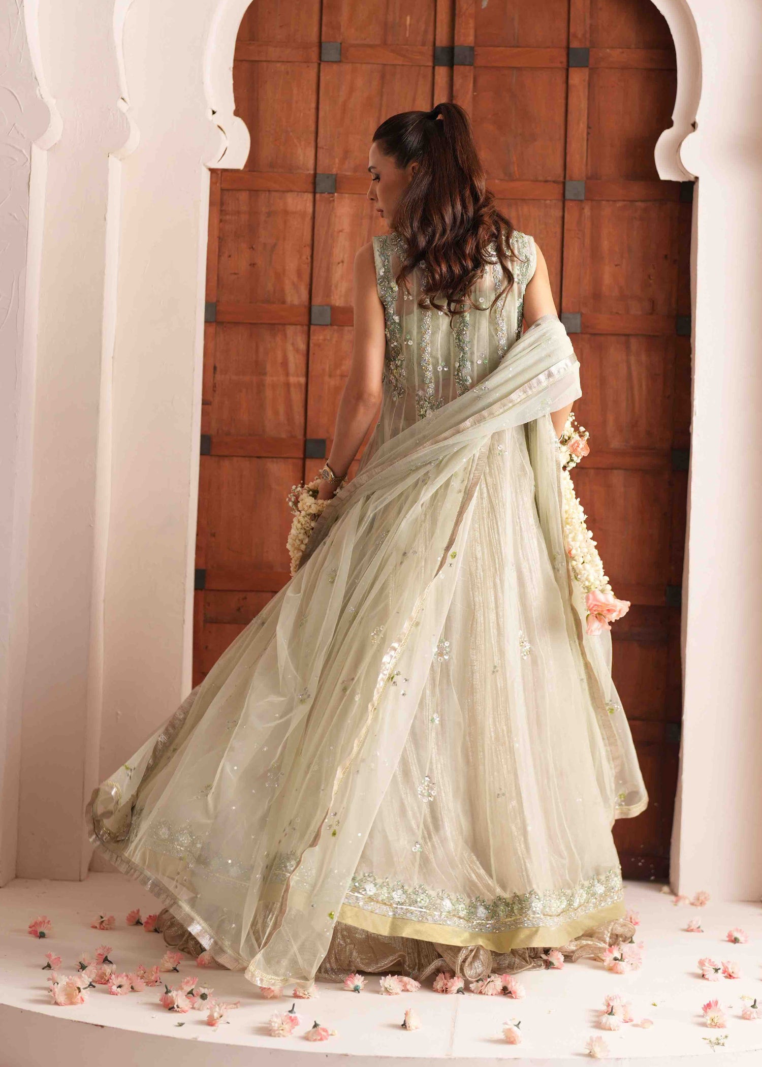 Pakistani Sage Green Embroidered Organza Lehenga (3-Piece) - Image 3