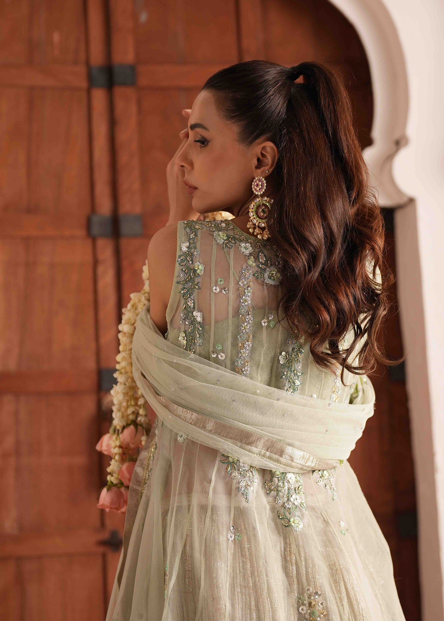 Pakistani Sage Green Embroidered Organza Lehenga (3-Piece) - Image 5