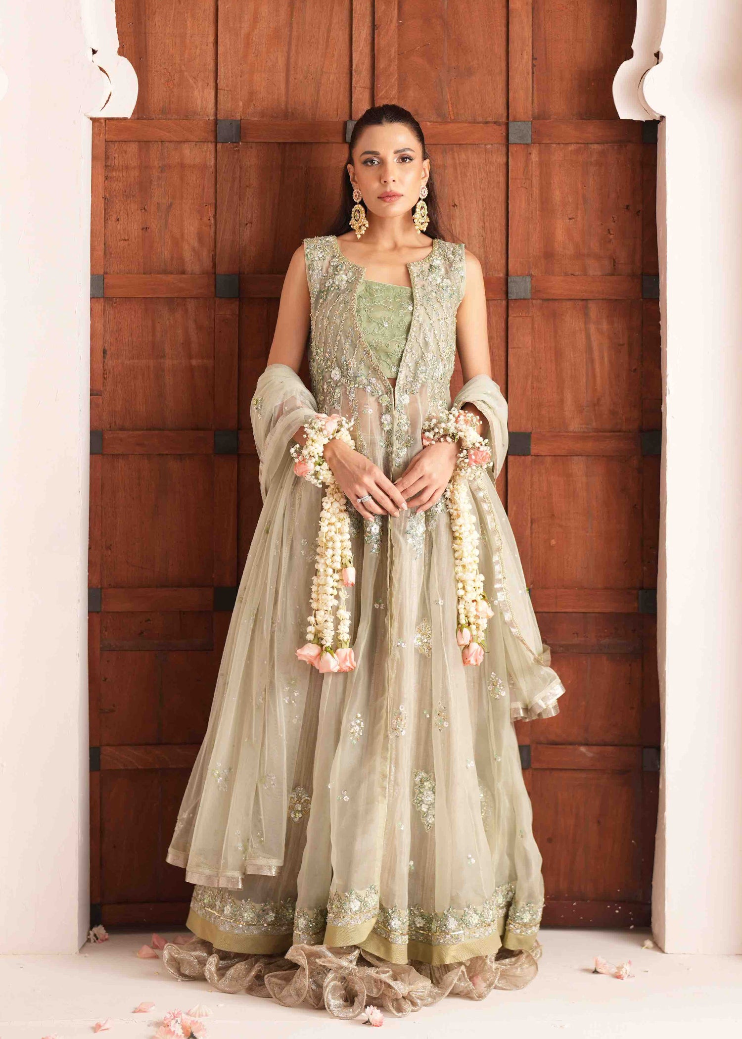 Pakistani Sage Green Embroidered Organza Lehenga (3-Piece) - Image 6