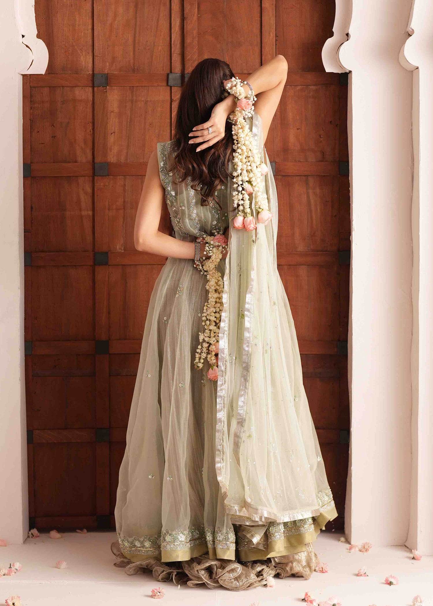 Pakistani Sage Green Embroidered Organza Lehenga (3-Piece) - Image 7