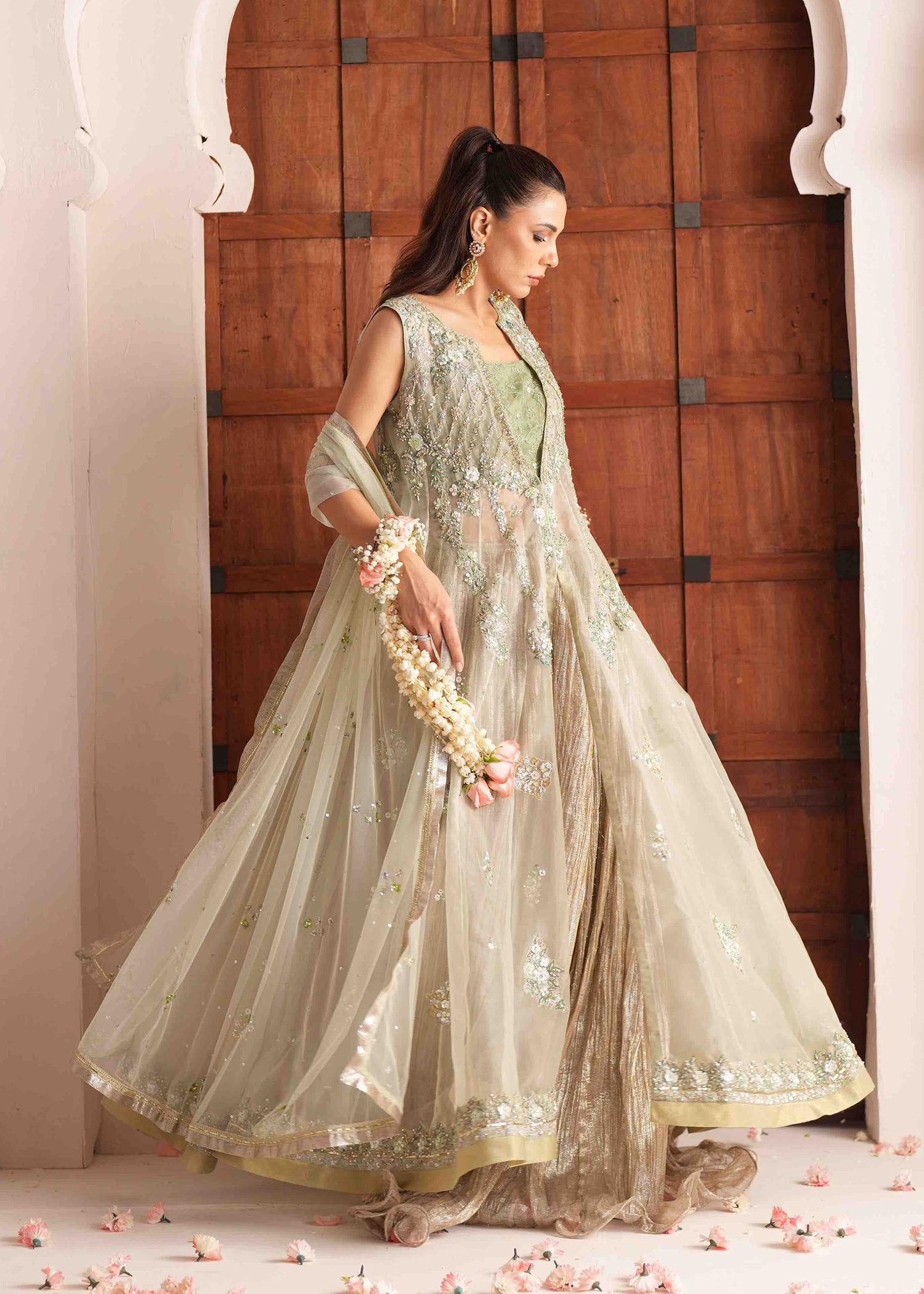 Pakistani Sage Green Embroidered Organza Lehenga (3-Piece) - Image 8
