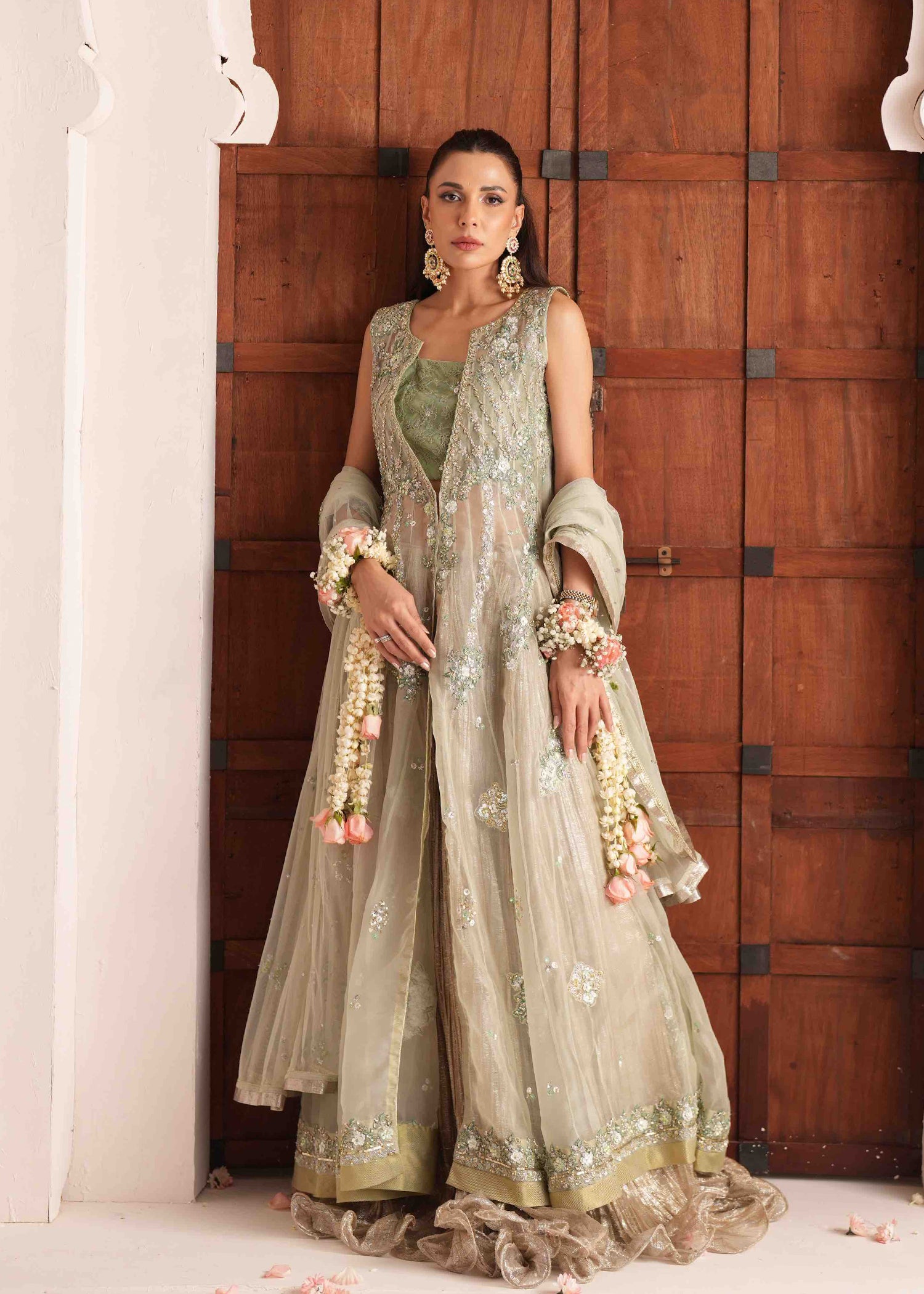 Pakistani Sage Green Embroidered Organza Lehenga (3-Piece) - Image 9