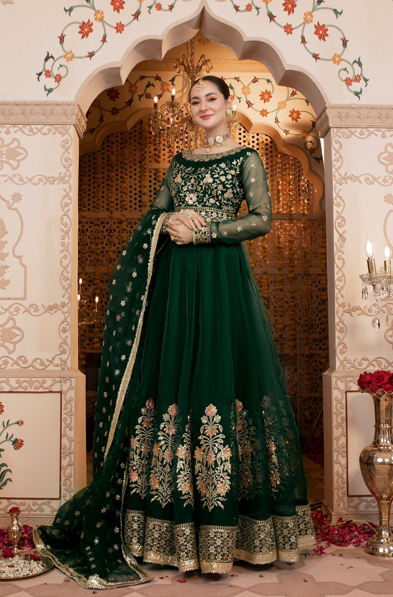 Dark Green Embroidered Pure Organza Lehenga Choli (3-Piece) - Image 1