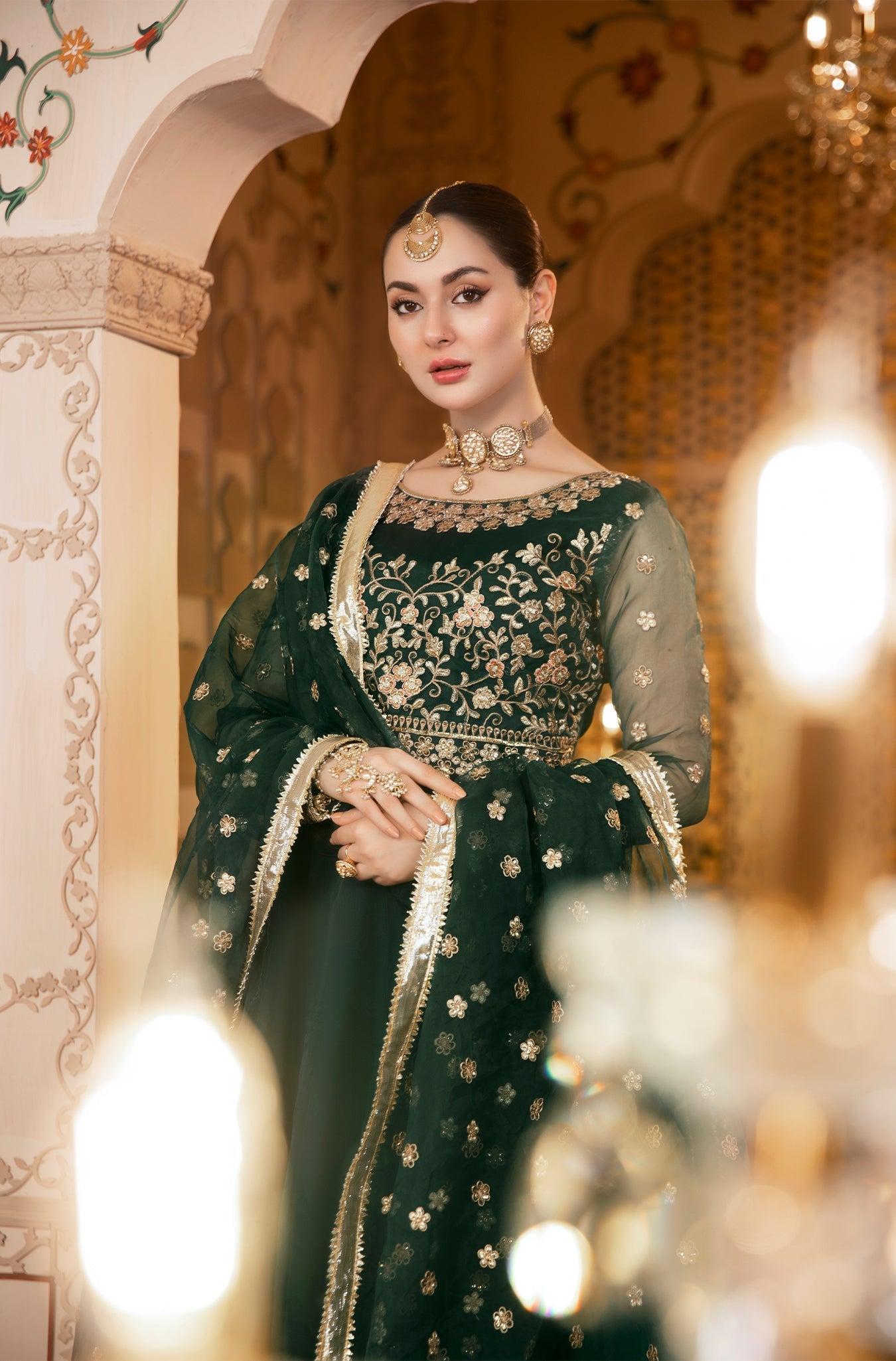 Dark Green Embroidered Pure Organza Lehenga Choli (3-Piece) - Image 2