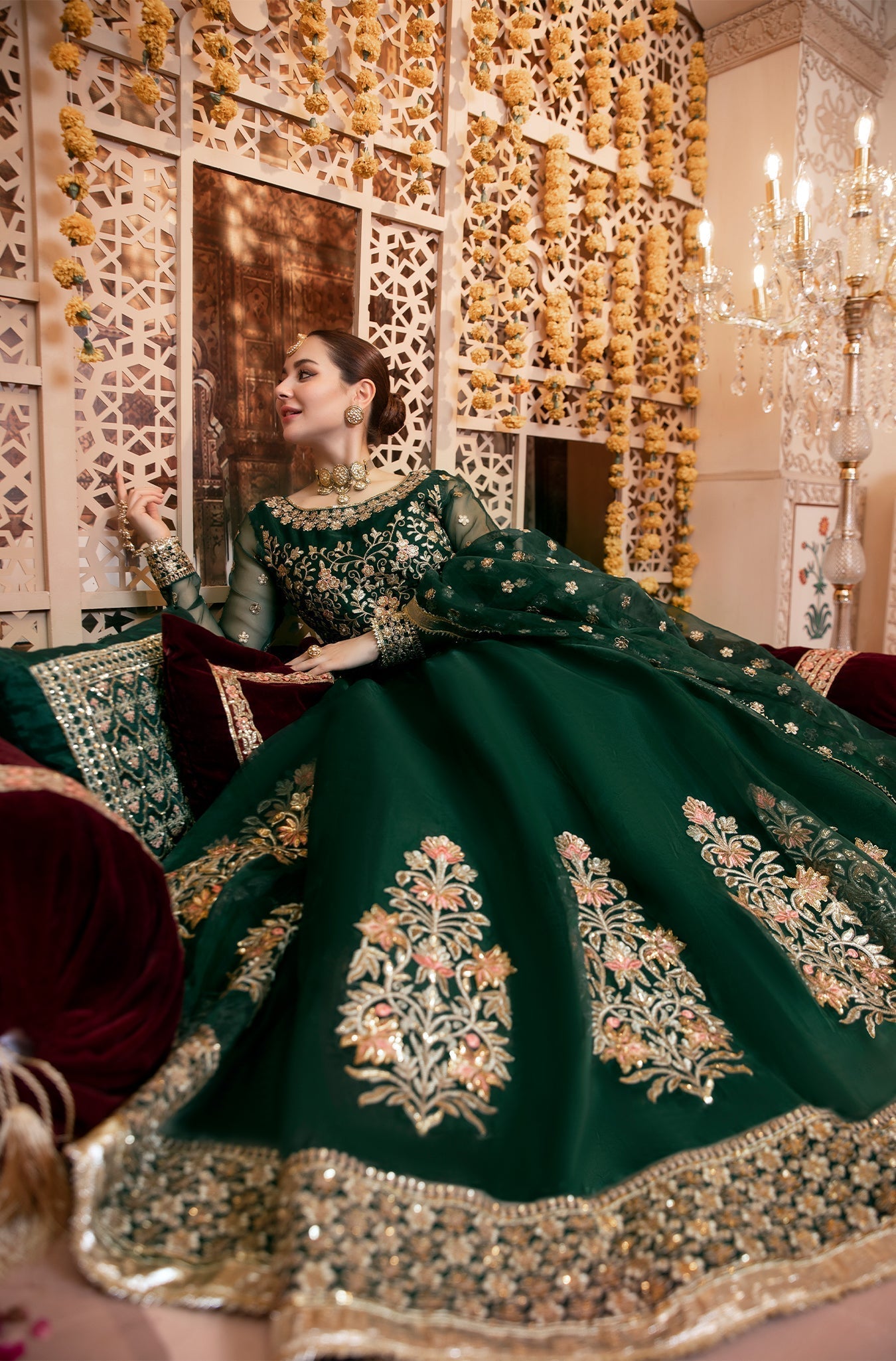 Dark Green Embroidered Pure Organza Lehenga Choli (3-Piece) - Image 3