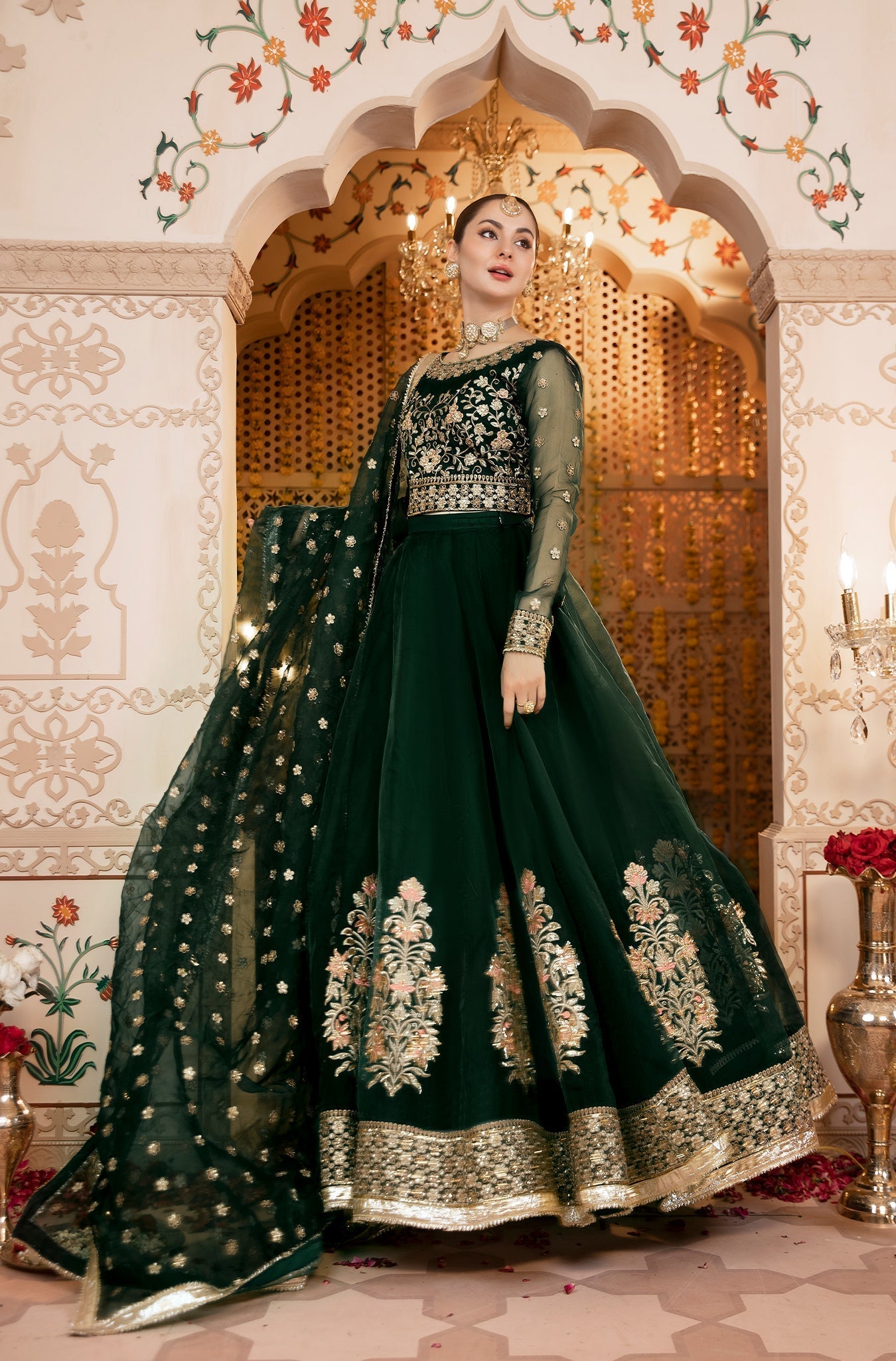 Dark Green Embroidered Pure Organza Lehenga Choli (3-Piece) - Image 4