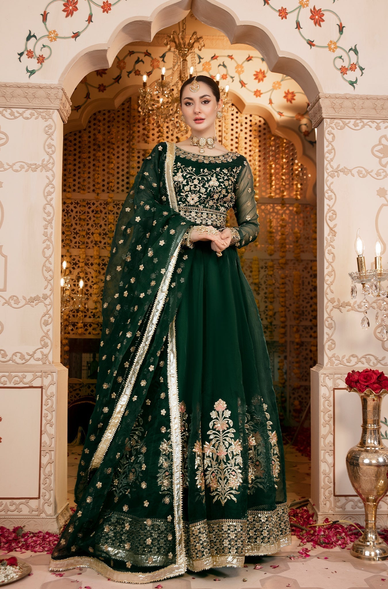 Dark Green Embroidered Pure Organza Lehenga Choli (3-Piece) - Image 5