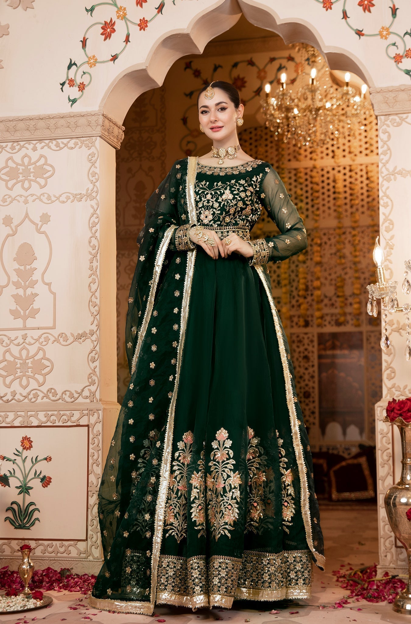 Dark Green Embroidered Pure Organza Lehenga Choli (3-Piece) - Image 6