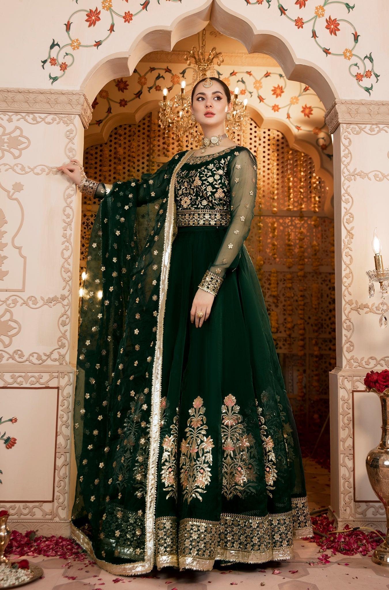 Dark Green Embroidered Pure Organza Lehenga Choli (3-Piece) - Image 7