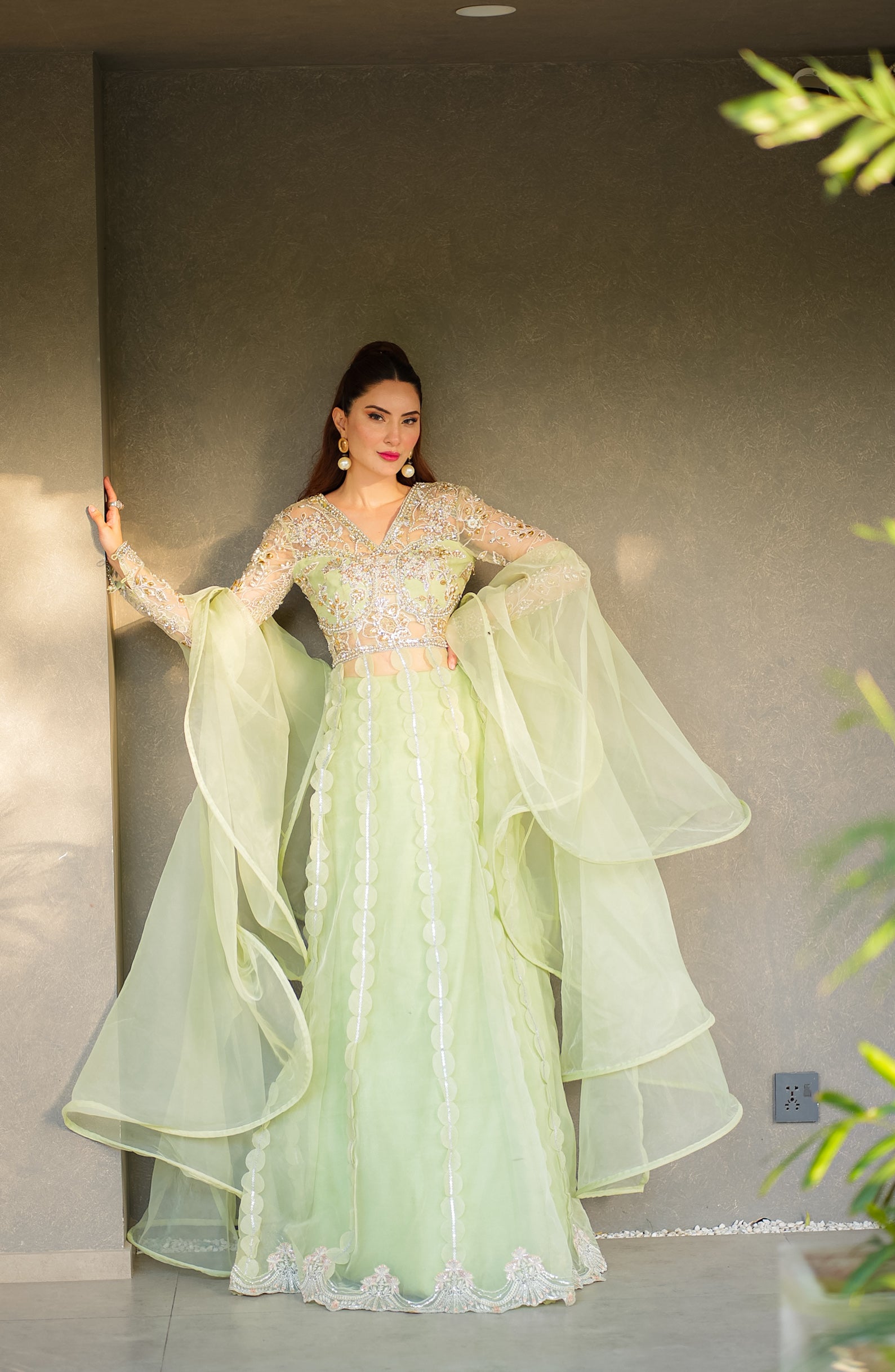 Pakistani Pistachio Green Embellished Organza Bridal Lehenga (3-Piece) - Image 1