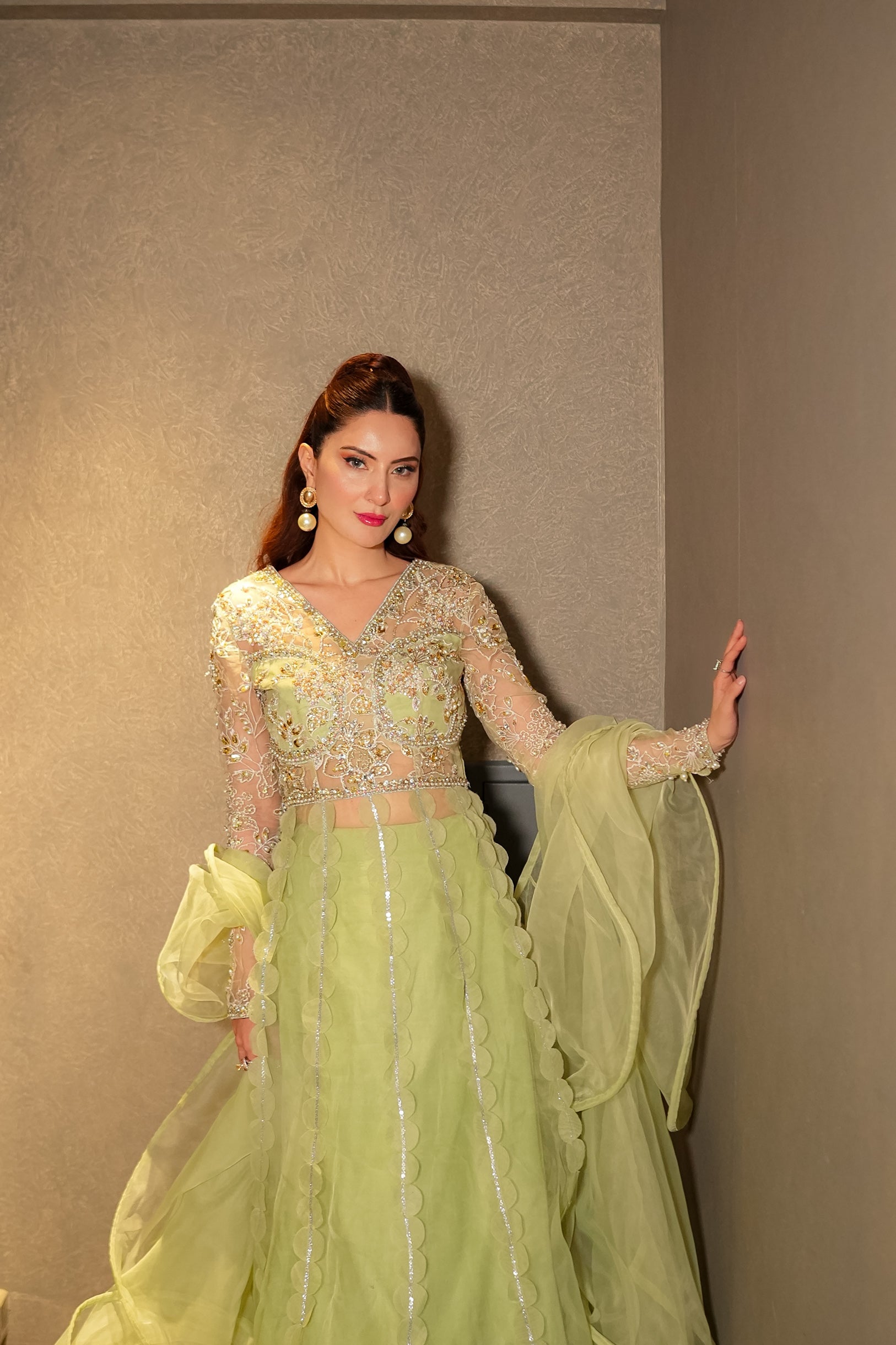 Pakistani Pistachio Green Embellished Organza Bridal Lehenga (3-Piece) - Image 3
