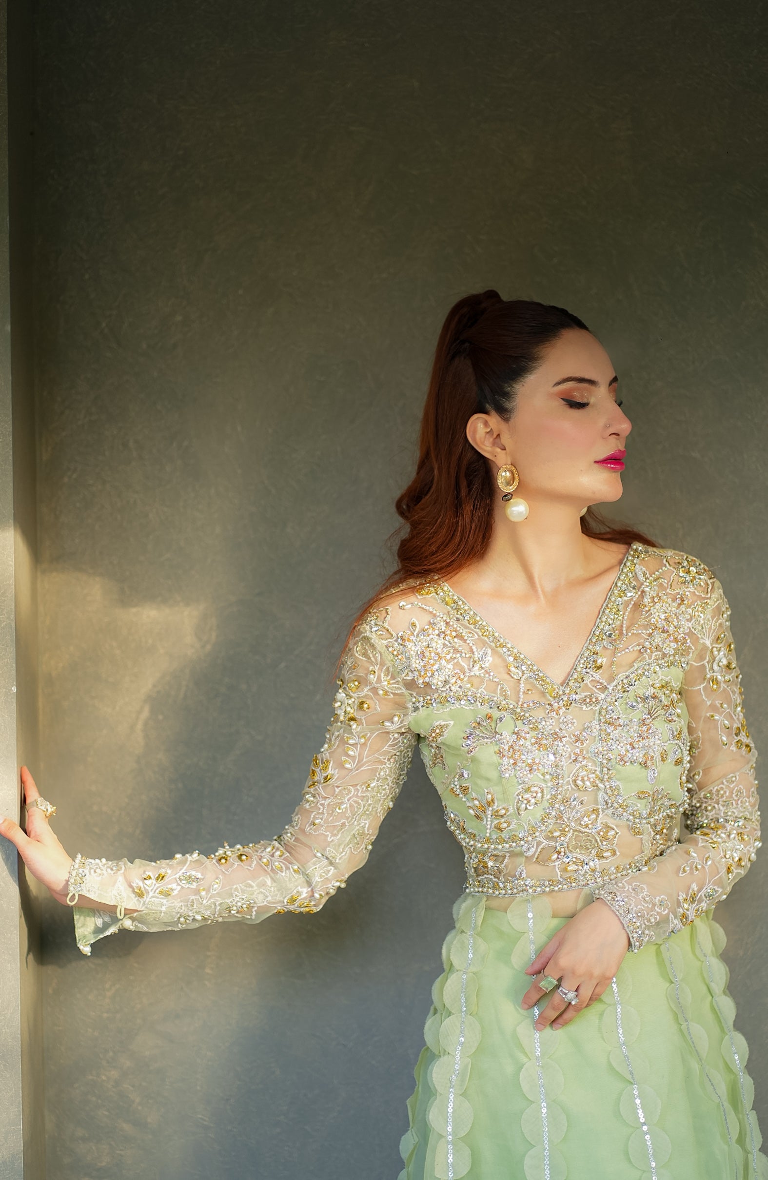 Pakistani Pistachio Green Embellished Organza Bridal Lehenga (3-Piece) - Image 5