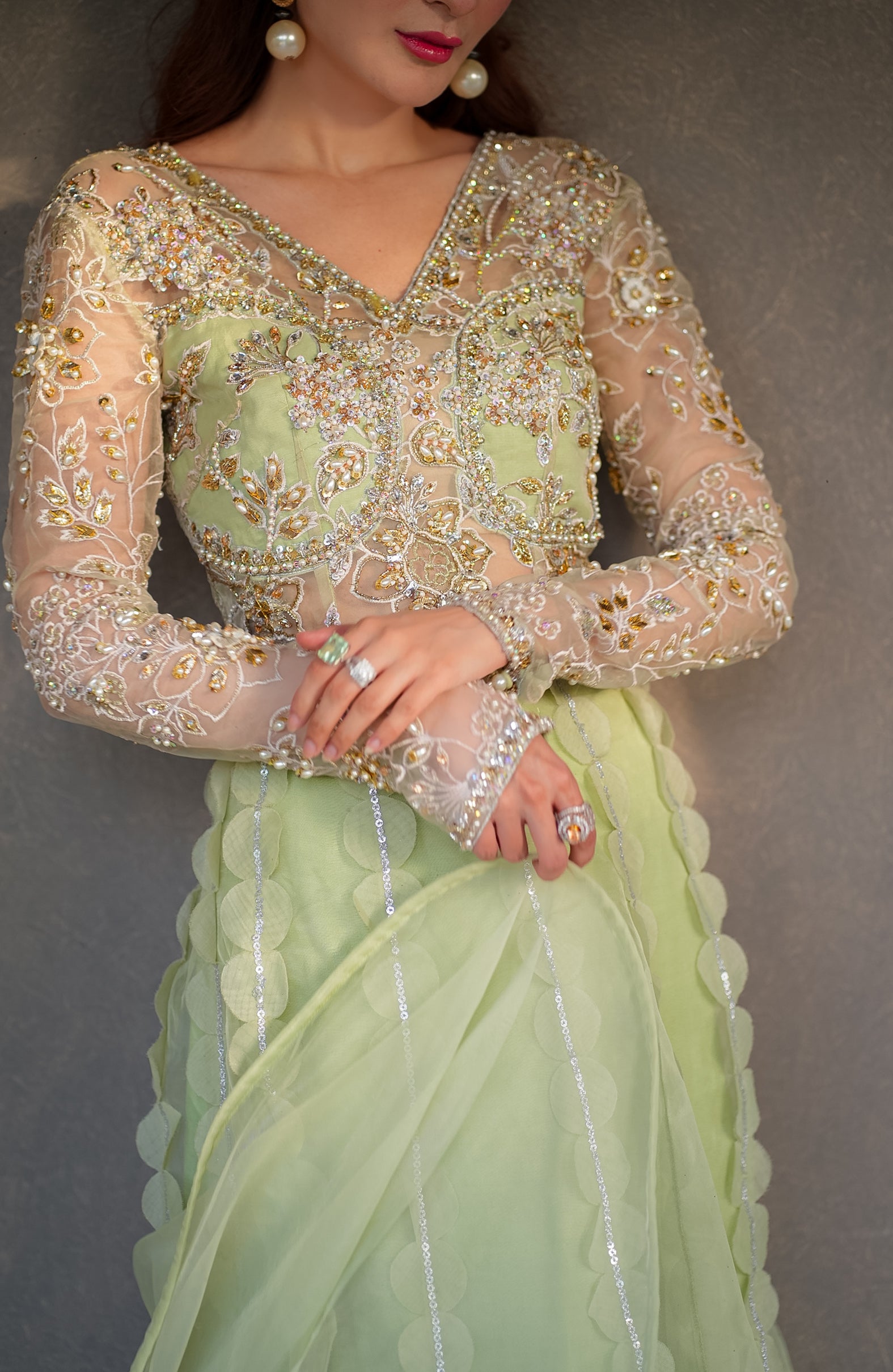 Pakistani Pistachio Green Embellished Organza Bridal Lehenga (3-Piece) - Image 6