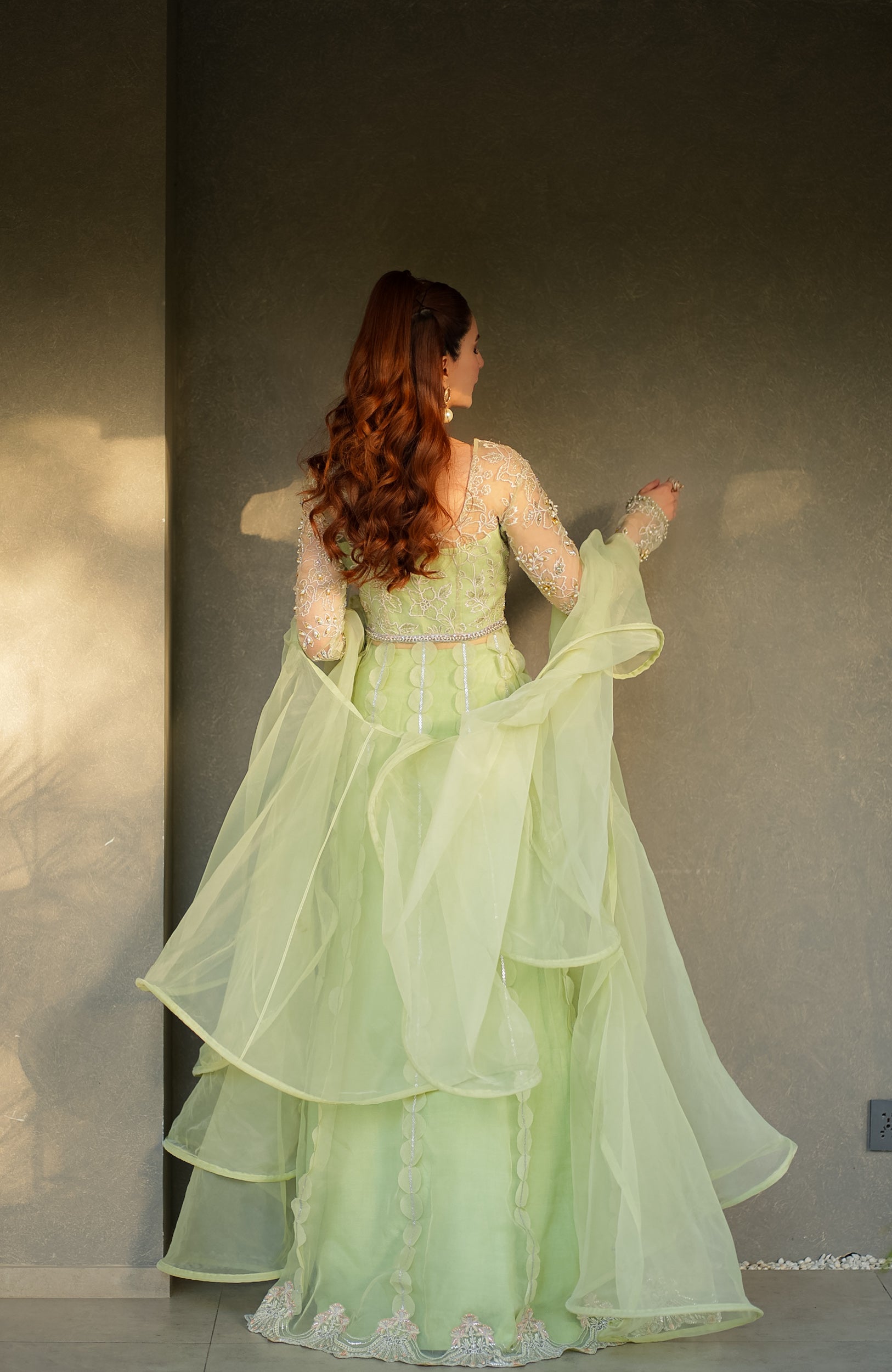 Pakistani Pistachio Green Embellished Organza Bridal Lehenga (3-Piece) - Image 7