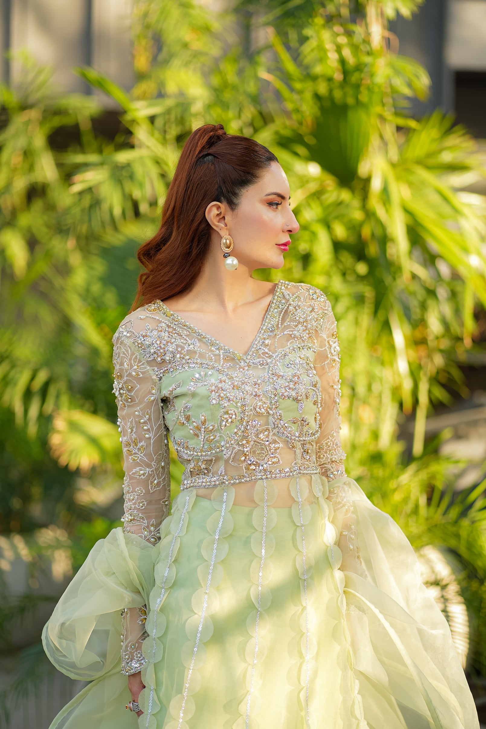 Pakistani Pistachio Green Embellished Organza Bridal Lehenga (3-Piece) - Image 8