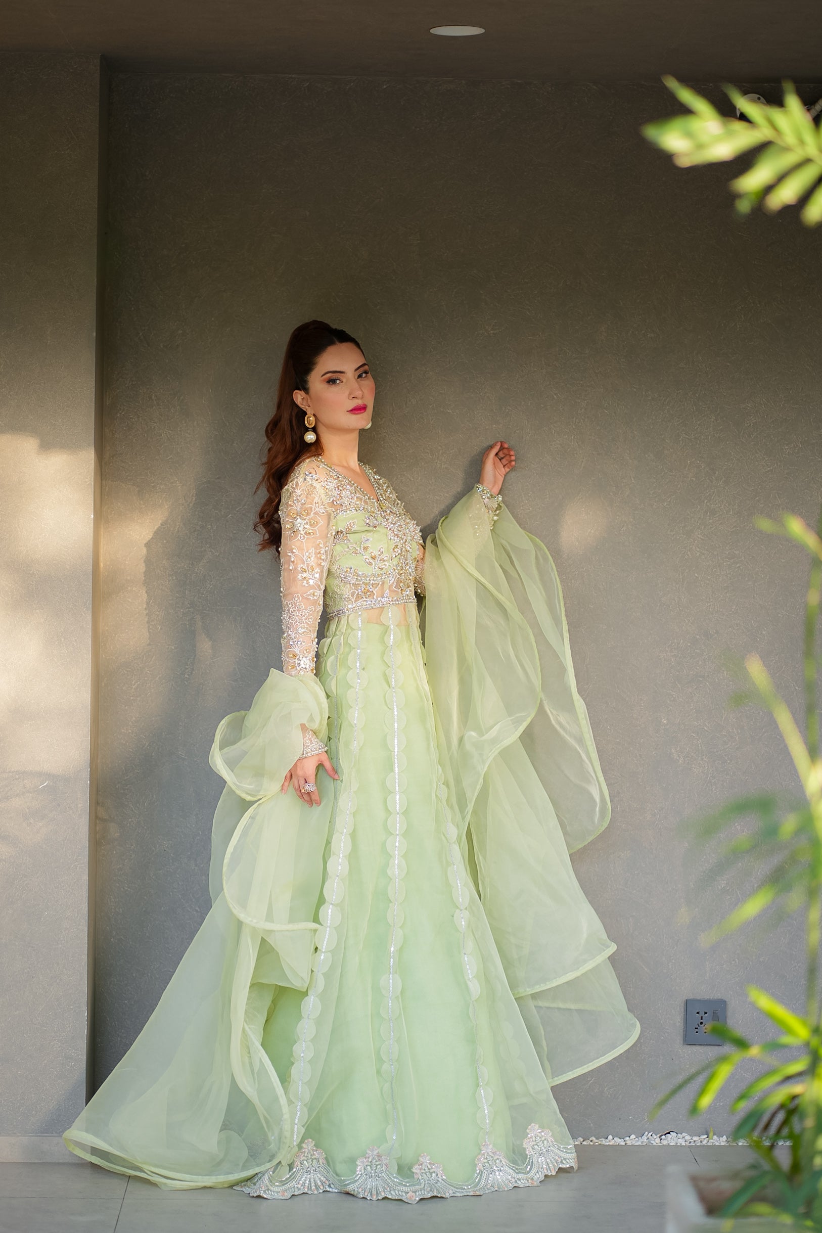 Pakistani Pistachio Green Embellished Organza Bridal Lehenga (3-Piece) - Image 9