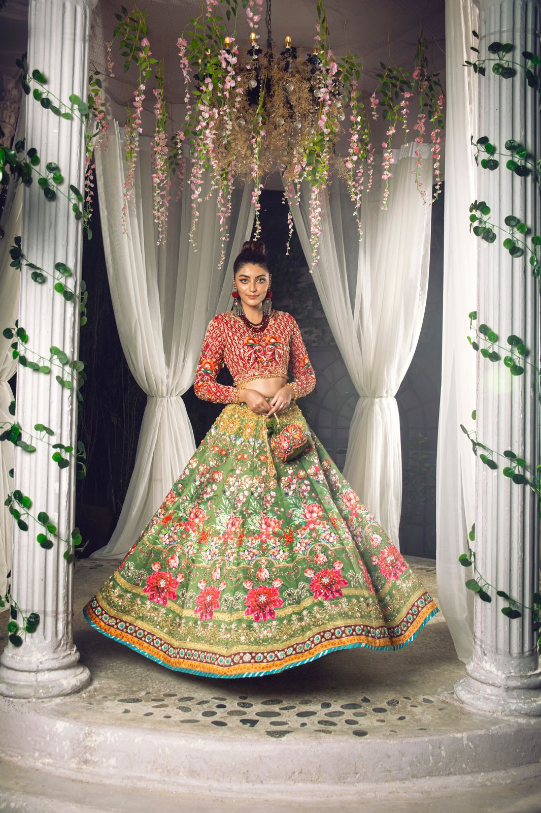 Green and Red Sequin Embroidered Organza Lehenga (3-Piece) - Image 1