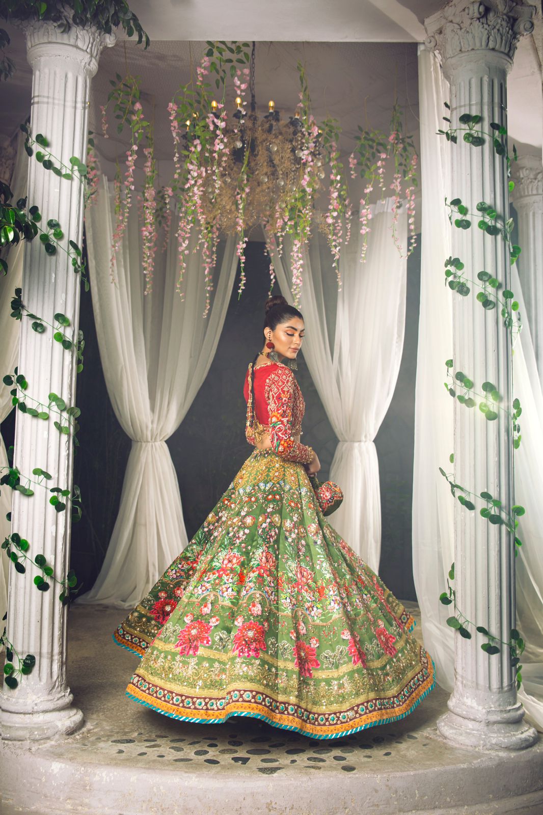 Green and Red Sequin Embroidered Organza Lehenga (3-Piece) - Image 2