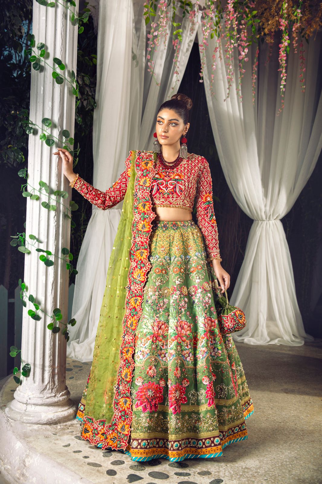 Green and Red Sequin Embroidered Organza Lehenga (3-Piece) - Image 3