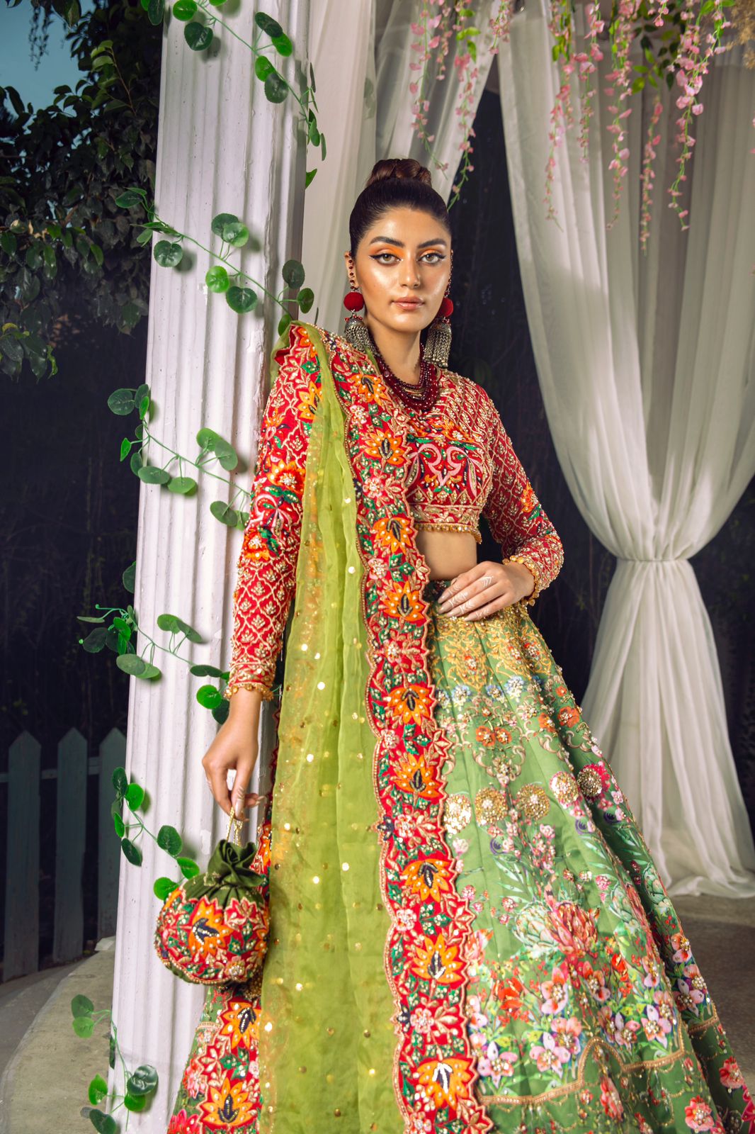 Green and Red Sequin Embroidered Organza Lehenga (3-Piece) - Image 4