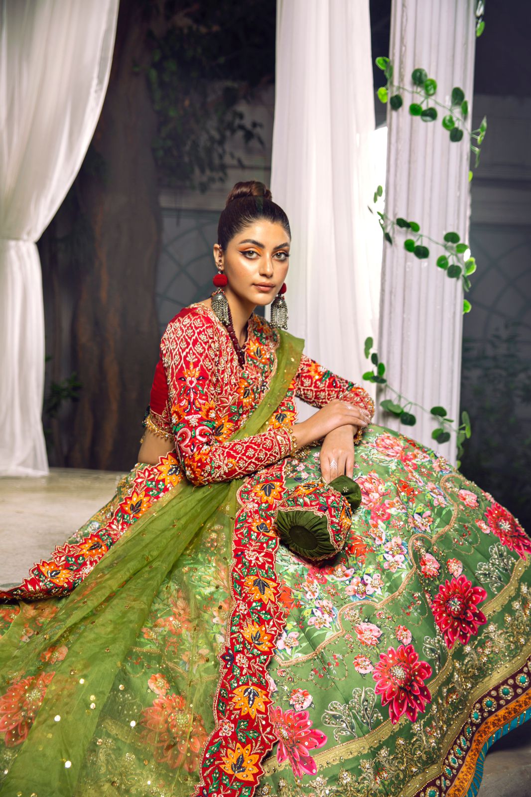 Green and Red Sequin Embroidered Organza Lehenga (3-Piece) - Image 5