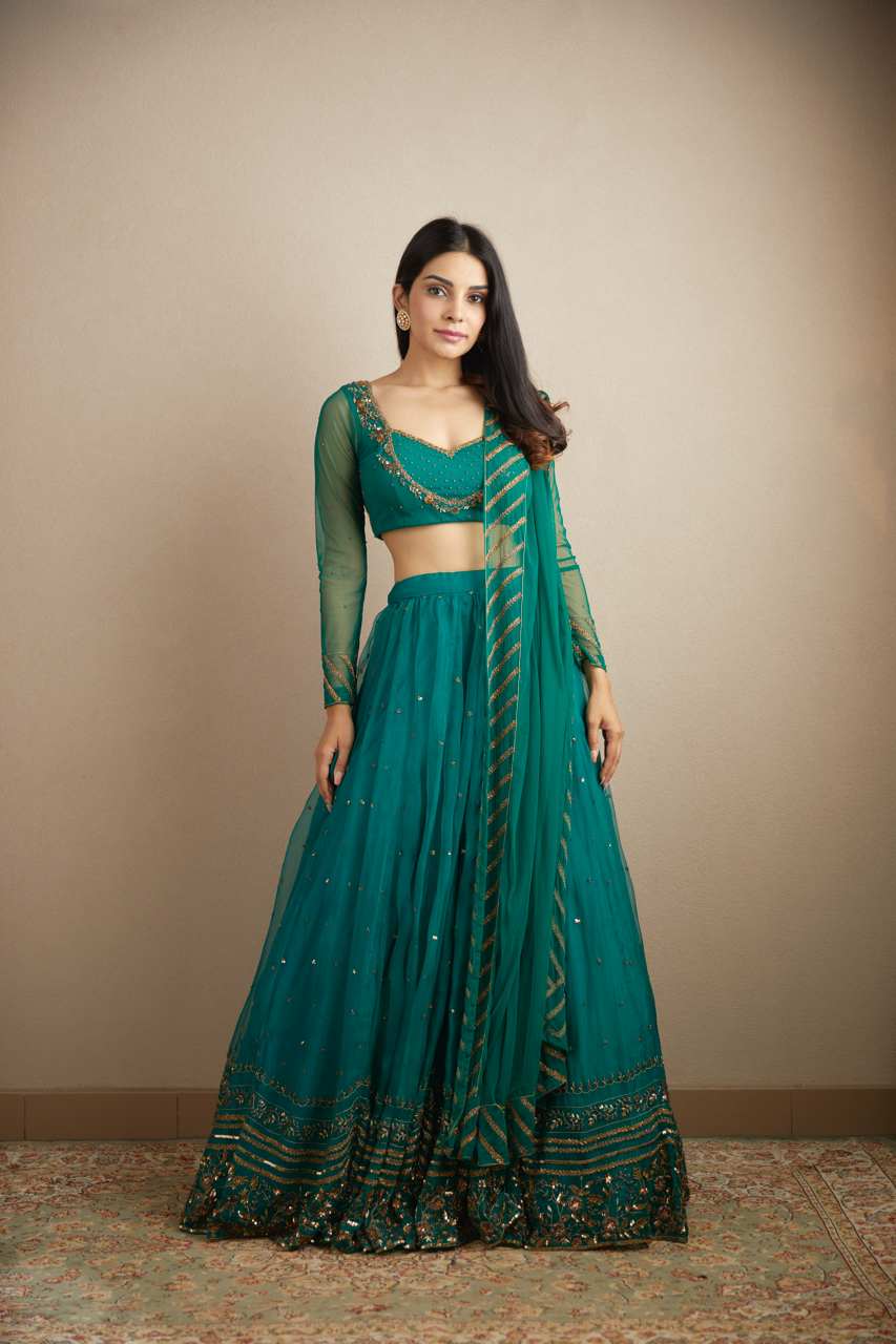 Indian Teal Green Sequin Organza Silk Lehenga (3-Piece) - Image 1