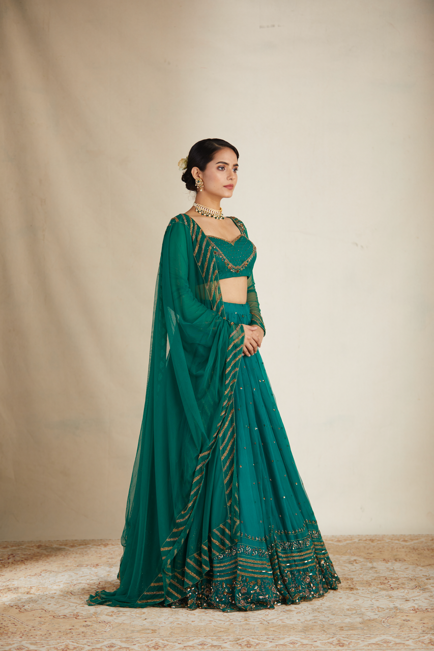 Indian Teal Green Sequin Organza Silk Lehenga (3-Piece) - Image 11