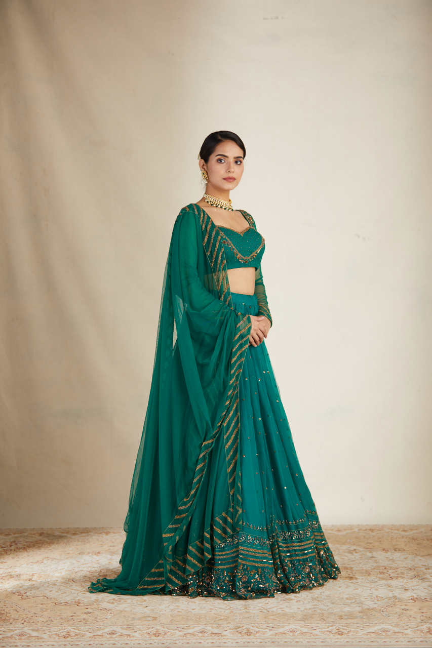 Indian Teal Green Sequin Organza Silk Lehenga (3-Piece) - Image 12
