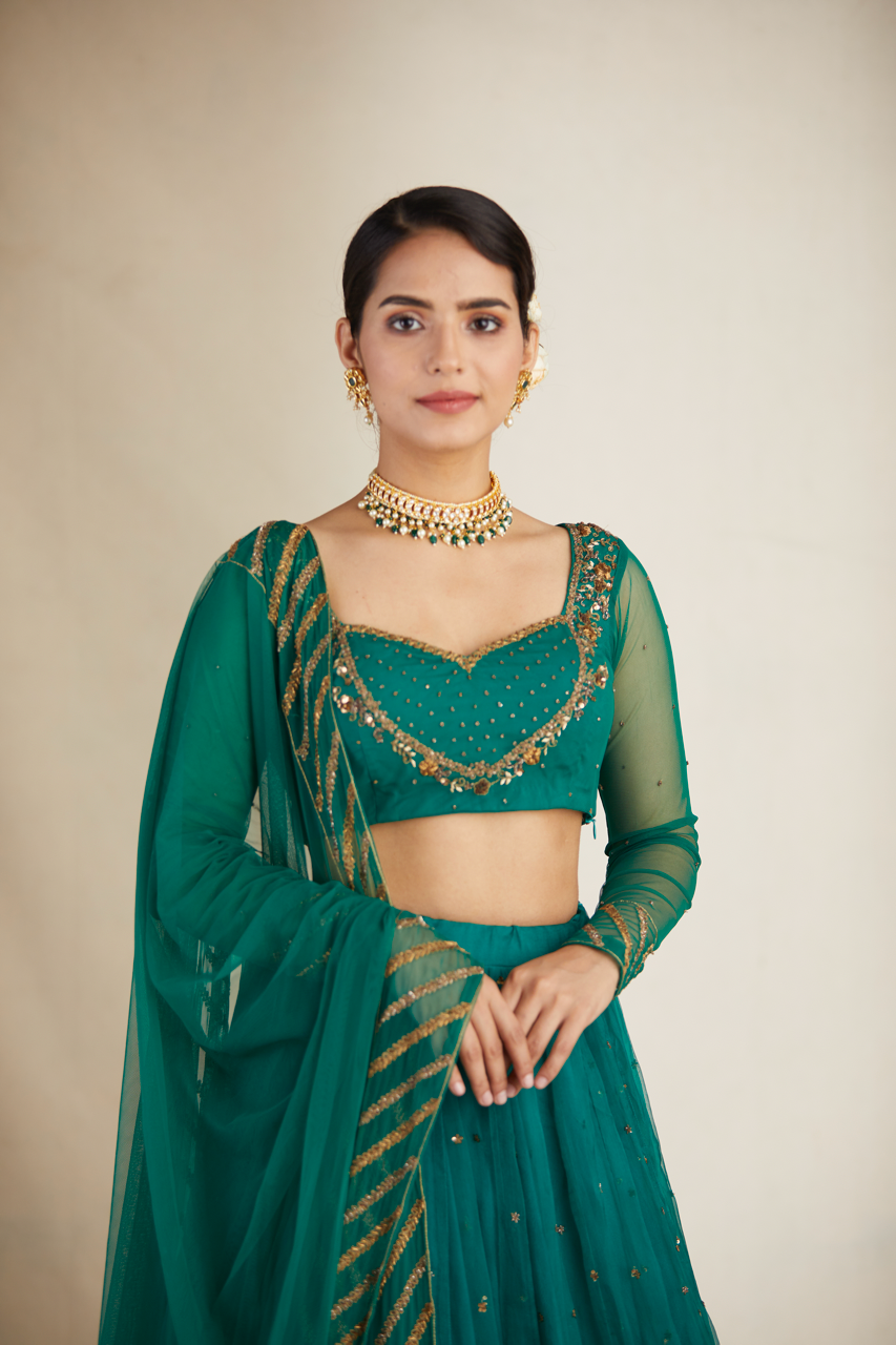 Indian Teal Green Sequin Organza Silk Lehenga (3-Piece) - Image 14