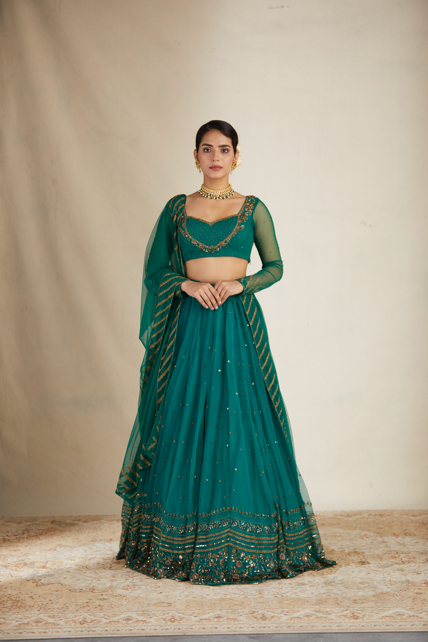 Indian Teal Green Sequin Organza Silk Lehenga (3-Piece) - Image 15