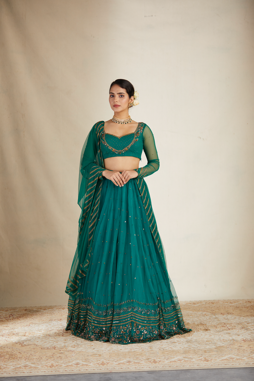 Indian Teal Green Sequin Organza Silk Lehenga (3-Piece) - Image 16