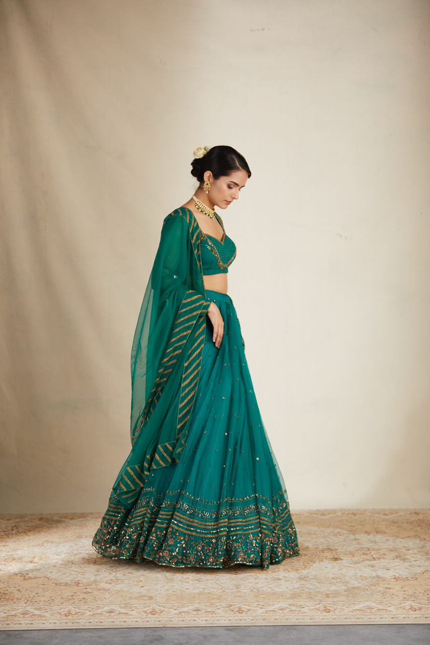 Indian Teal Green Sequin Organza Silk Lehenga (3-Piece) - Image 17