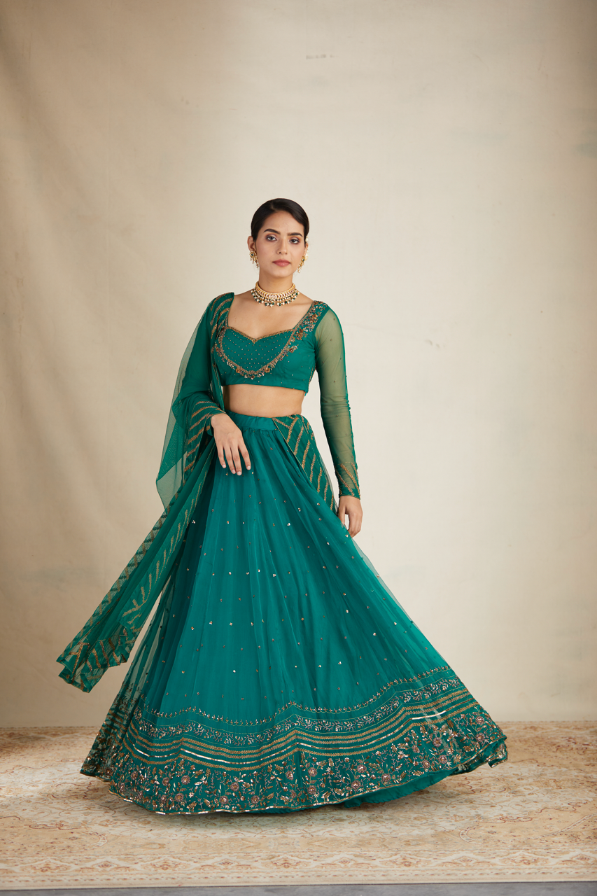 Indian Teal Green Sequin Organza Silk Lehenga (3-Piece) - Image 18