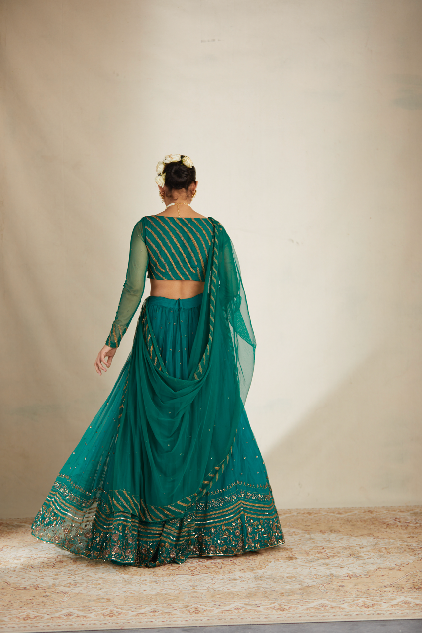 Indian Teal Green Sequin Organza Silk Lehenga (3-Piece) - Image 19
