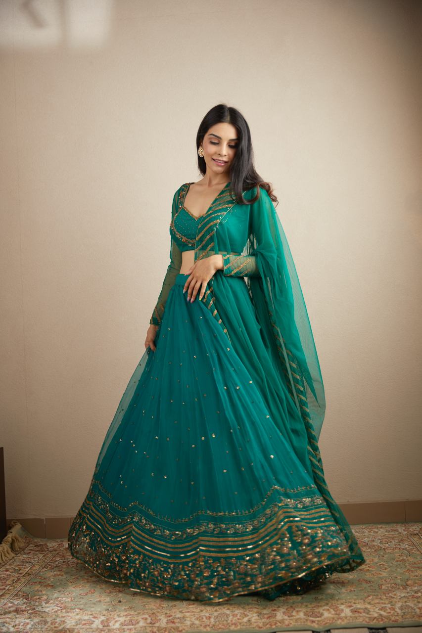 Indian Teal Green Sequin Organza Silk Lehenga (3-Piece) - Image 2
