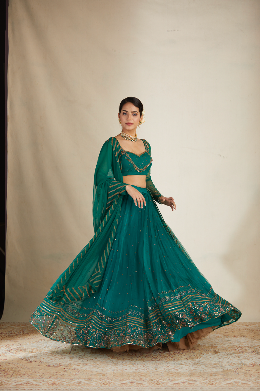 Indian Teal Green Sequin Organza Silk Lehenga (3-Piece) - Image 21